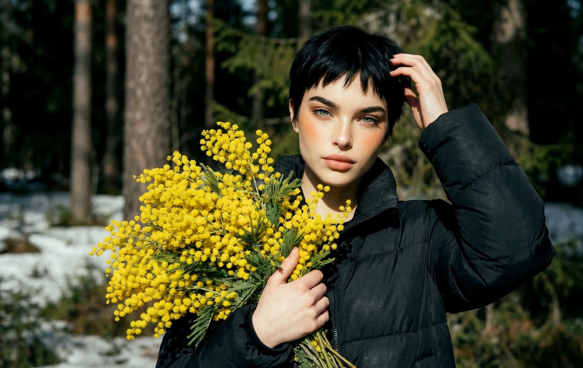 Облако желтых мимоз, как лучики солнца в руках